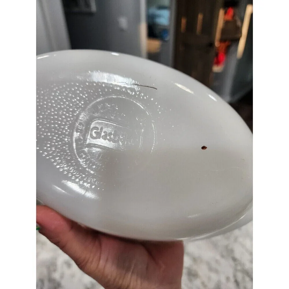 Vintage Glasbake J235 1QT Casserole Dish Green Daisy Milk Glass Oval With Lid